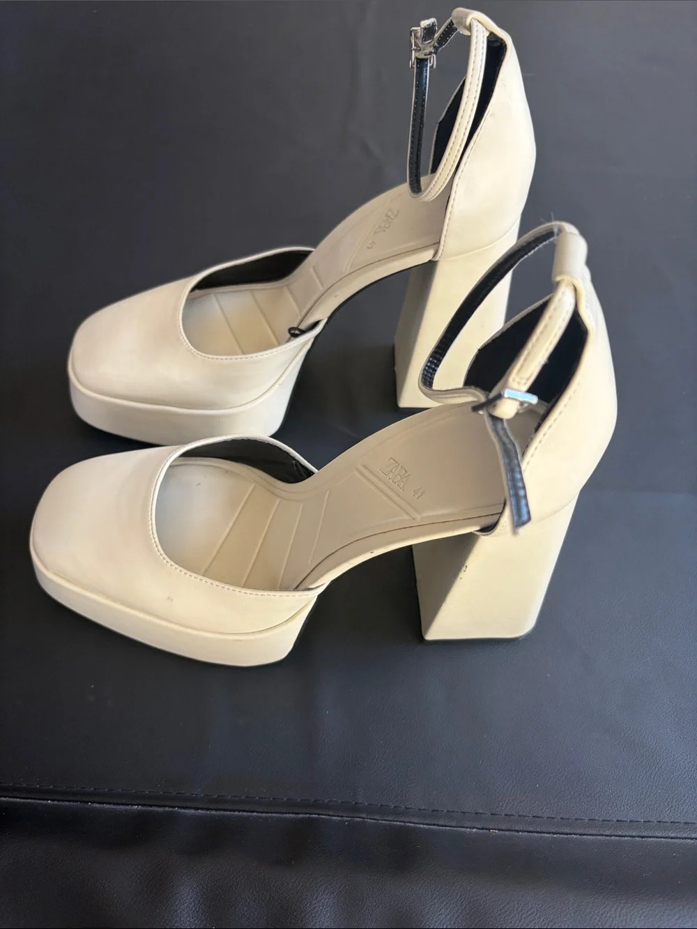 Zara White Chunky Block Heel Ankle Strap Pumps EU 41 US 10 Square Toe